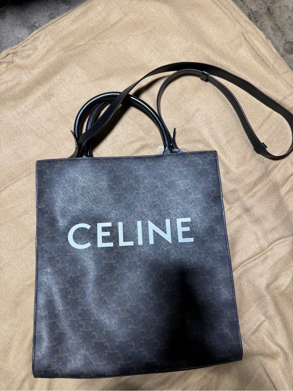 Celine Brown Logo Canvas Tote with Black Leather Handles
